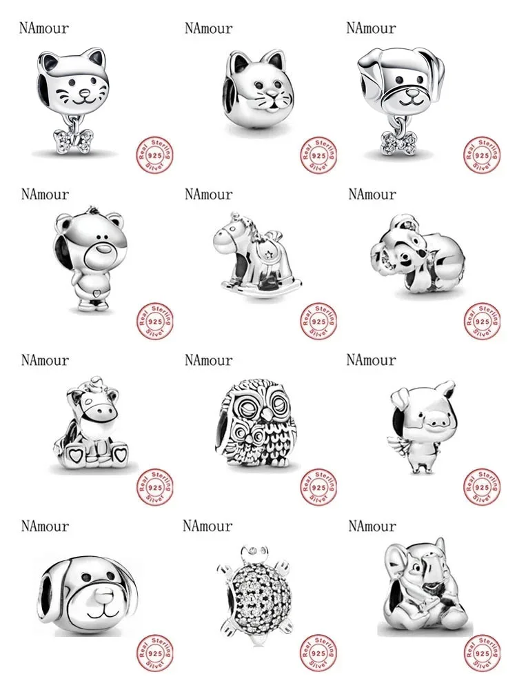 Theo Bear Pig Animal Kingdom Cat Dog Unicorn Bead 925 Silver Charms Bracelet for Women