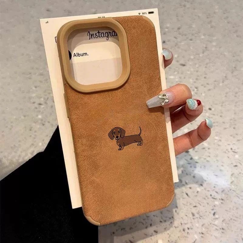 Lustige Welpen-Hunde-Luxus-Executive-Faser-Leder-Handyhülle für iPhone 18 17 16 15 Pro Plus 14 13 12 11 Pro Max Stoßfeste Hülle