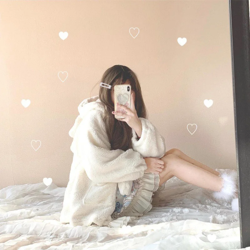 Winter Jacket Women's Zipper Oversized Soft Harajuku Kawaii Hooded Rabbit Ears Plush Faux Cashmere Coat Plus Velvet Padded 