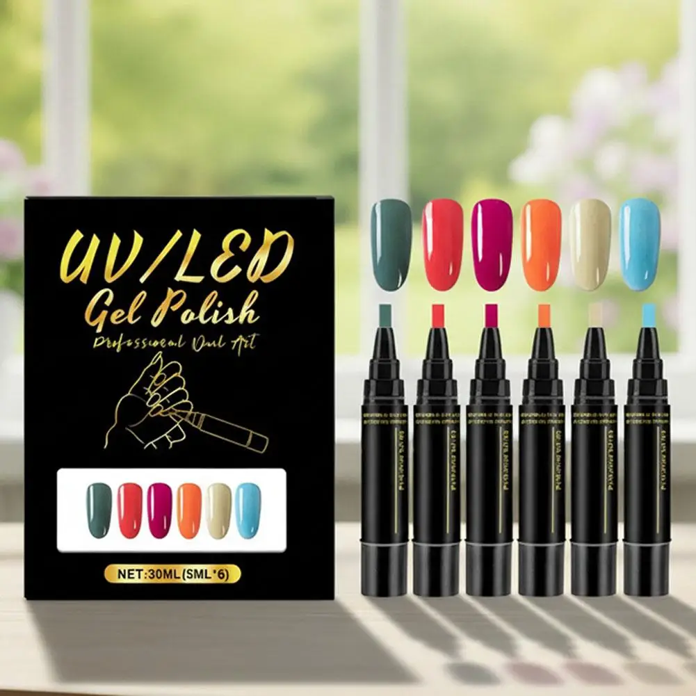6PCS 멀티 컬러 3-in-1 젤 네일 펜 5ml 빠른 건조 비-UV DIY 네일 아트 디자인 매니큐어 페인팅 브러쉬 도구 세트