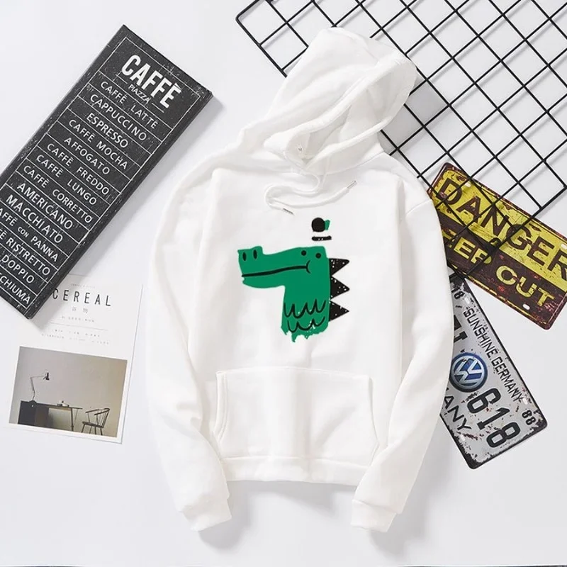 Kawaii Green Crocodile Print Hoodies Sweatshirts 2024 Women Simple Loose Casual Cute Pullover Couple Clothes Harajuku Streetwear