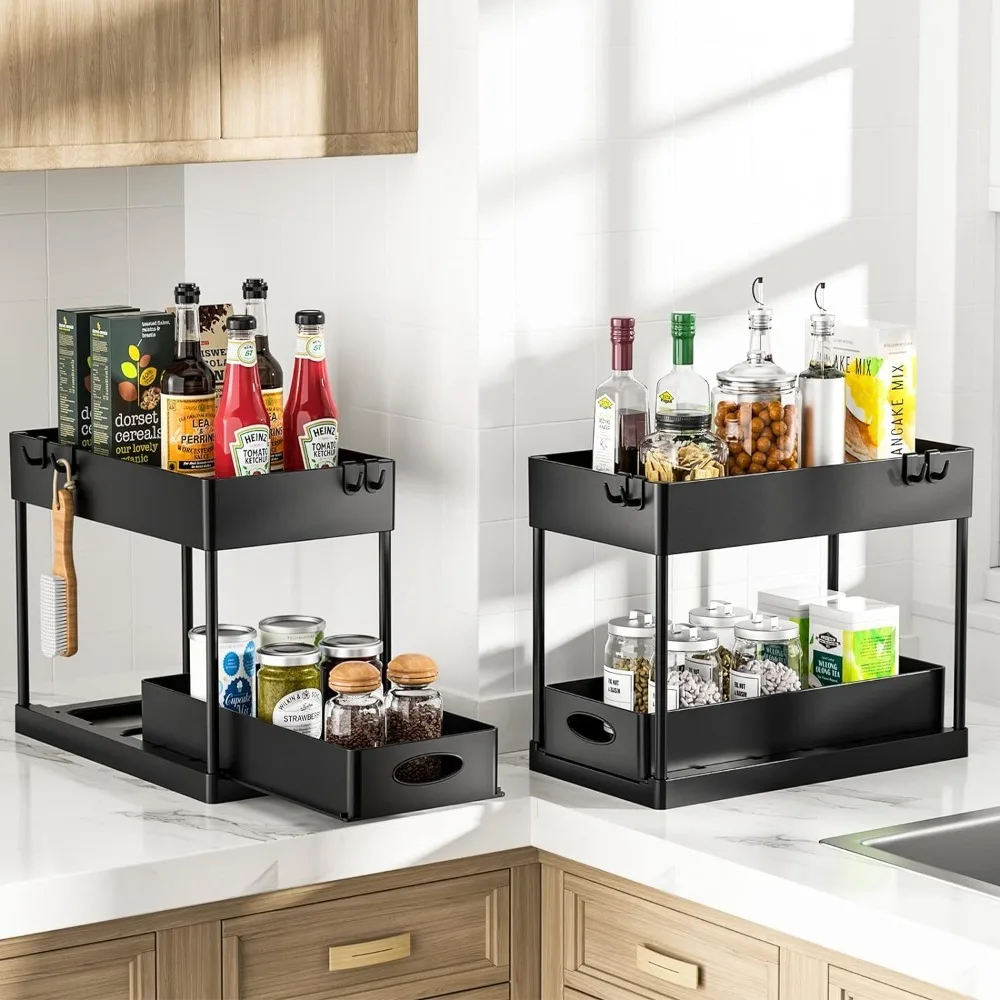 PUILUO Under Sliding Cabinet Basket Organizer 2 Tier Storage Under