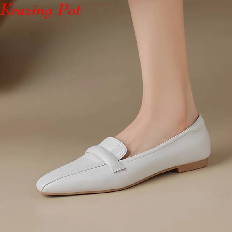 

Krazing Pot Full Grain Leather Slip On Square Toe Young Lady Soft Classic Shoes Mature Lady Women Deep Mouth Spring Autumn Flats