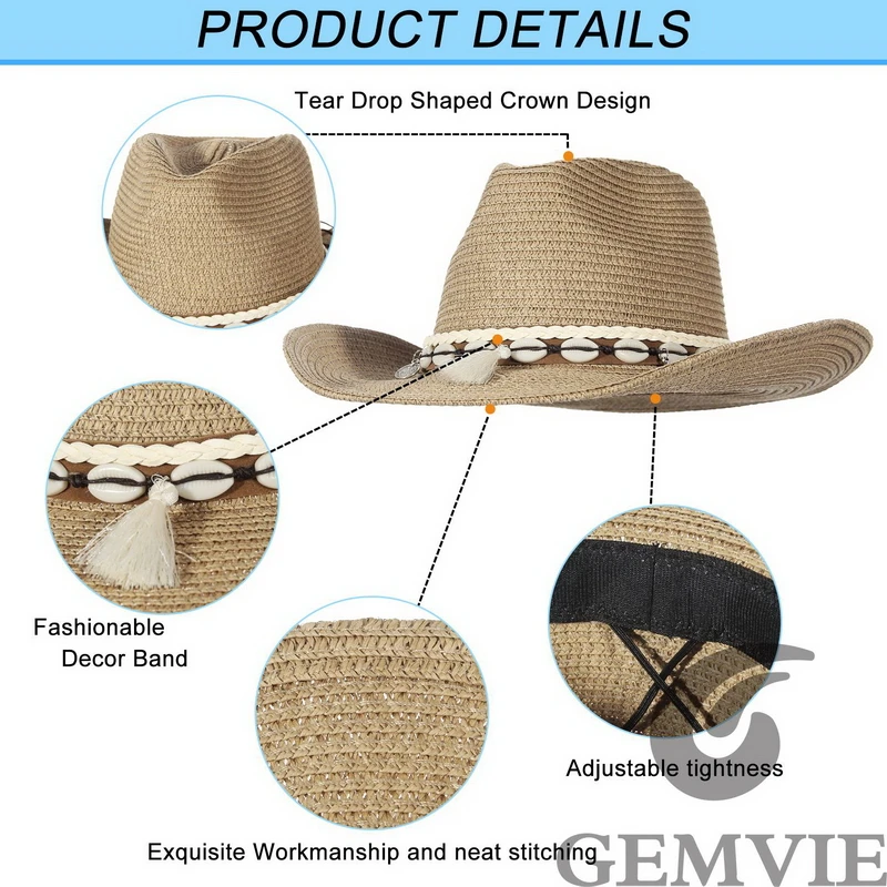 Sun Hat Sun Protection Hat GEMVIE Shell Tassels Cowgirl Summer Hat Straw Hat for Women Men Western Cowboy Lady Trendy Woven Sun Beach Cap