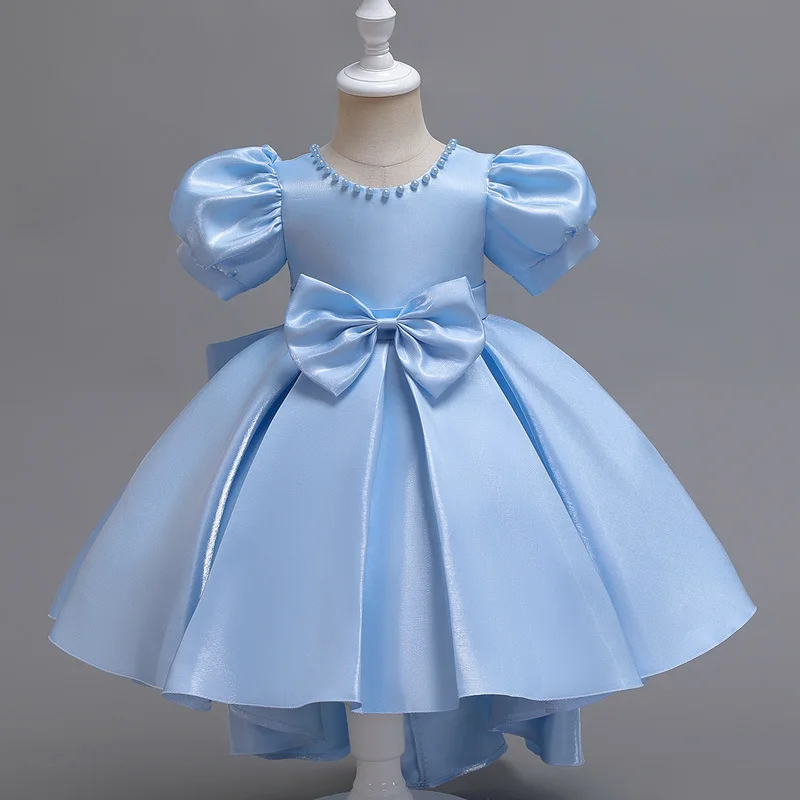 

Bow Short Sleeve Knee Length Stain Beading Flower Girls Dresses Princess Formal Special Occasion Custom Costume 2023