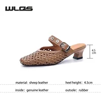 WLQS Mules Et Sabots Femme Mary Jane Tressé Ajouré Rétro Bout Carré Petit Talon Boucle Chaussures De Bureau Décontractées 2
