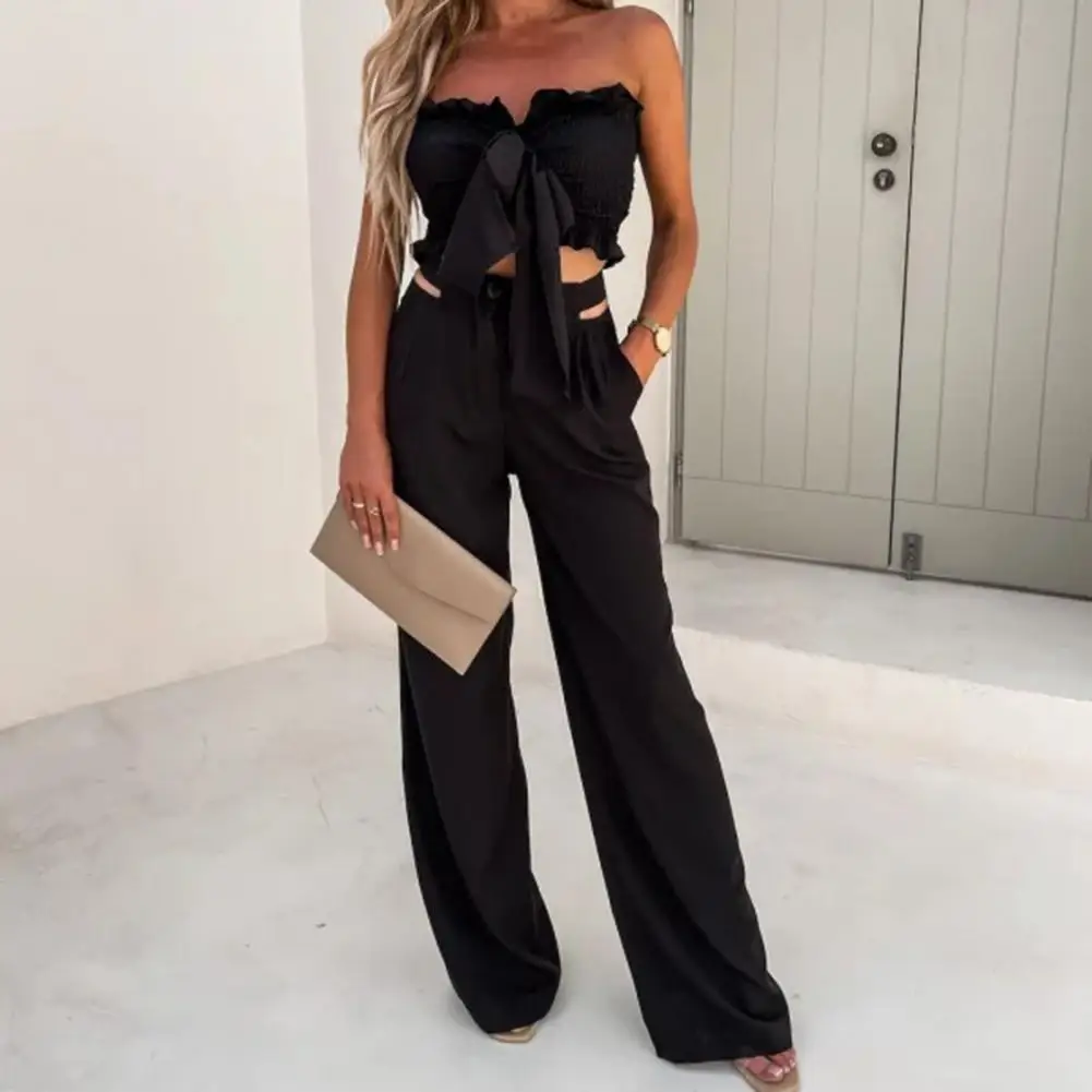 

High Street Two Piece Set Women Shirring Bow-knot Decor Off Shoudler Sleeveless Cropped Top Trousers Set Cocktail Prom Garment