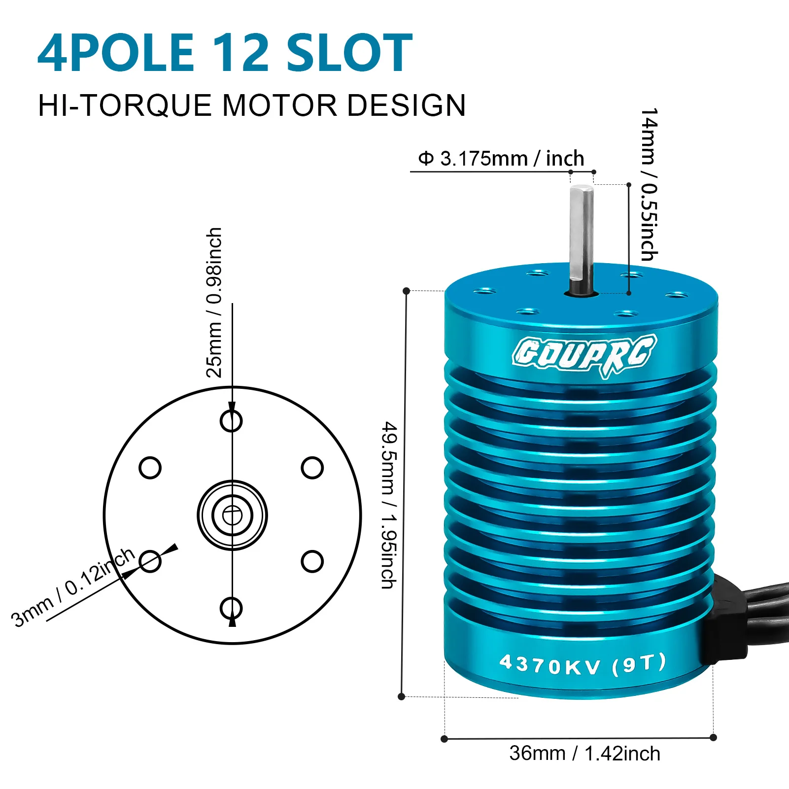 Moteur sans balais 3650 4370KV 9T haute vitesse pour voiture RC 1/10, avec rotor visible et connecteurs dorés.