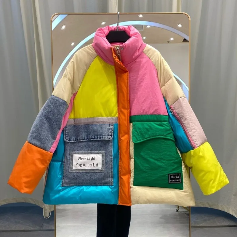 Piumino Oversize In Denim Impiombato Donna Tasche Grandi Cappotto Invernale Piumino Patchwork Con Cerniera Piumino Antivento Di Alta Qualità Addensato