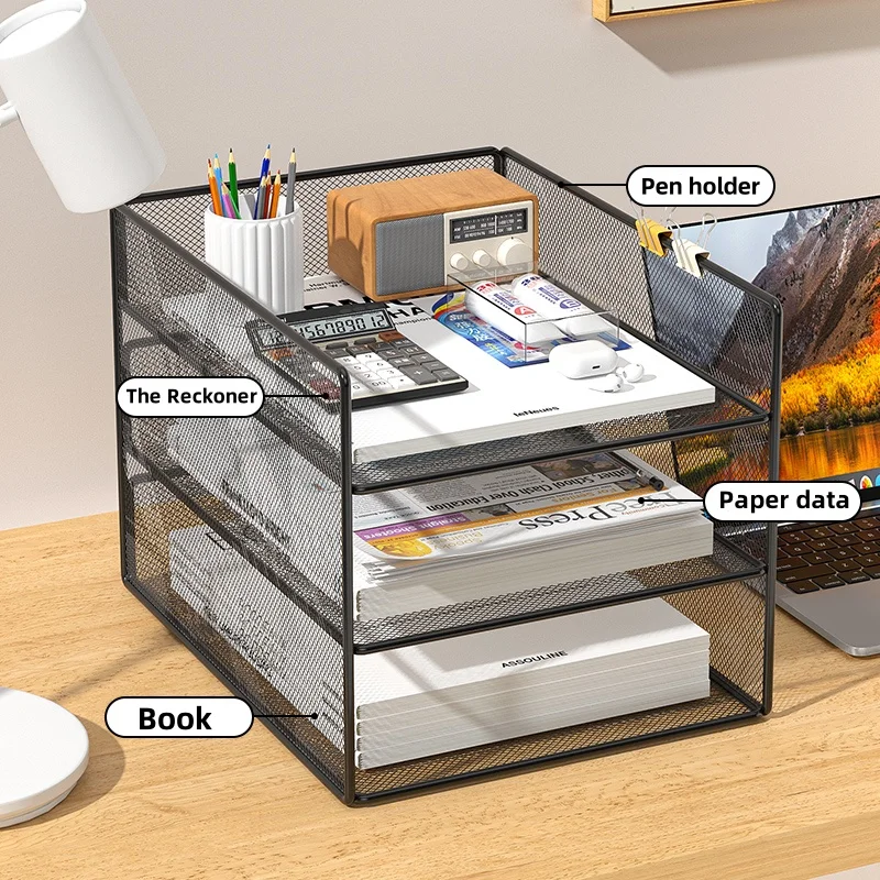 Office File Organizer Capacity Metal Mesh Desk Organizer with Three Layer Design Multifunctional File Holder Paper Storage Rack 5