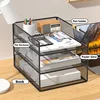 Office File Organizer Capacity Metal Mesh Desk Organizer with Three Layer Design Multifunctional File Holder Paper Storage Rack 5