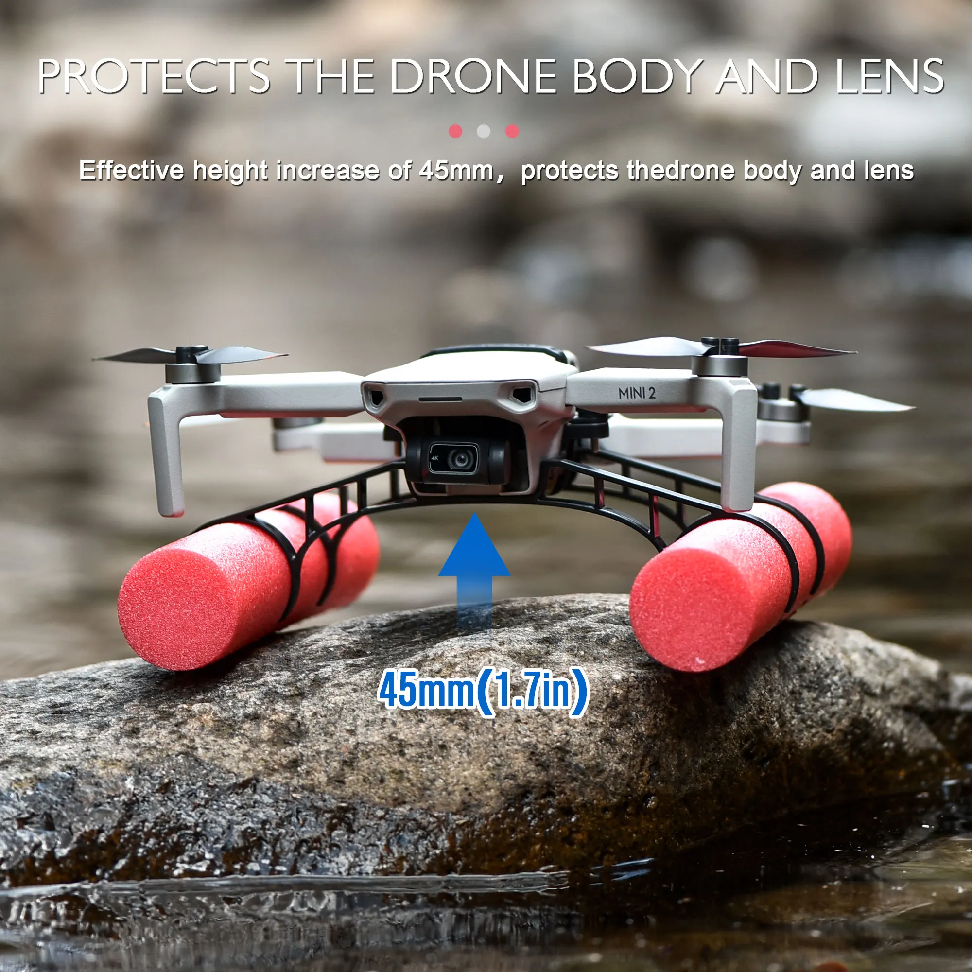 Kit d'entraînement pour DJI Mini 2 : train d'atterrissage aquatique installé sur le drone, vue de côté
