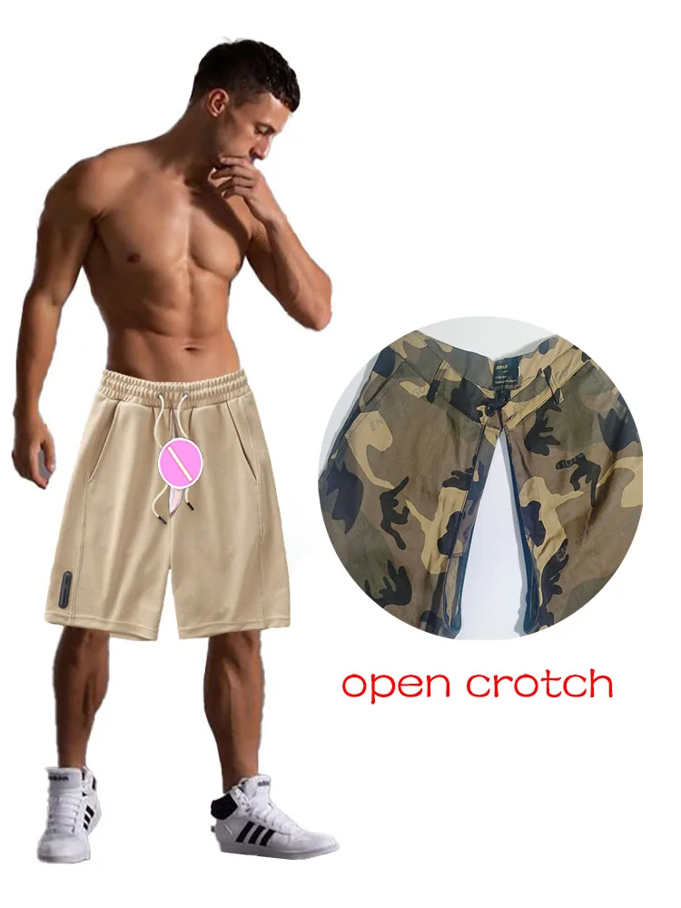 Invisible Open Crotch Sex Pants Waffle Shorts Men's Summer Heavy Sweatpants Loose Sports Elastic Waist Casual Short with Pockets