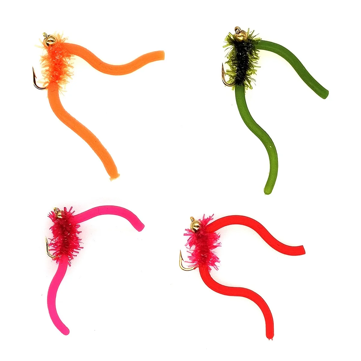 4pcs Worm Brass Bead Head Squirmy Wormy Fly Fishing Flies