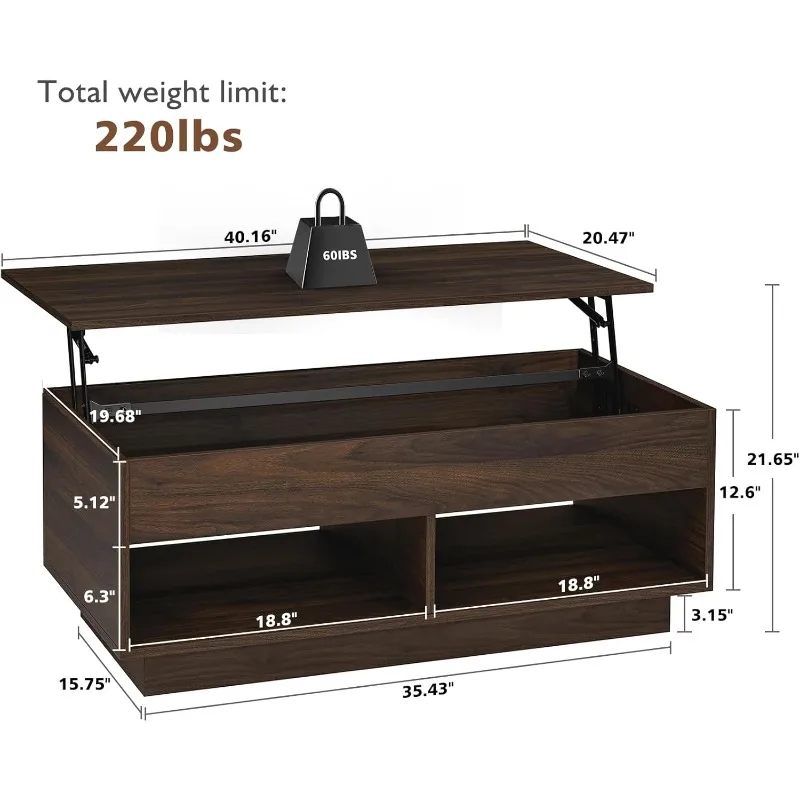 Lift Top Coffee Table with Hidden Storage LED Coffee Table Dark Walnut Living Room 3 Tiers Tea Table with Storage Center Tables. 2