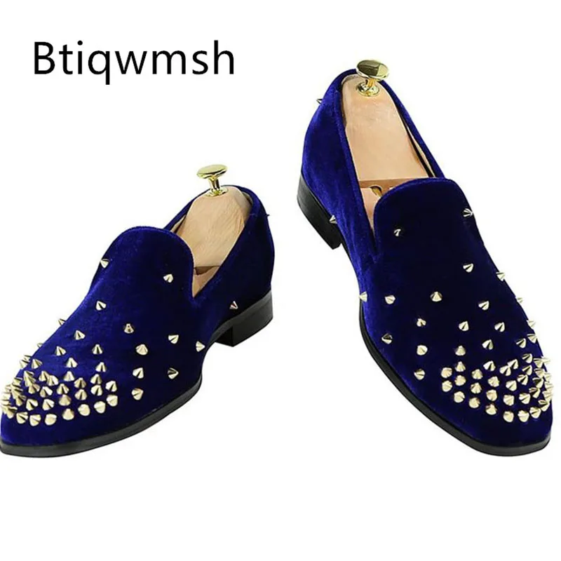 

Blue Luxury Velvet Spiked Shoes Man Pointed Toe Rivet Studded Slip On Flats Male Party Shoes