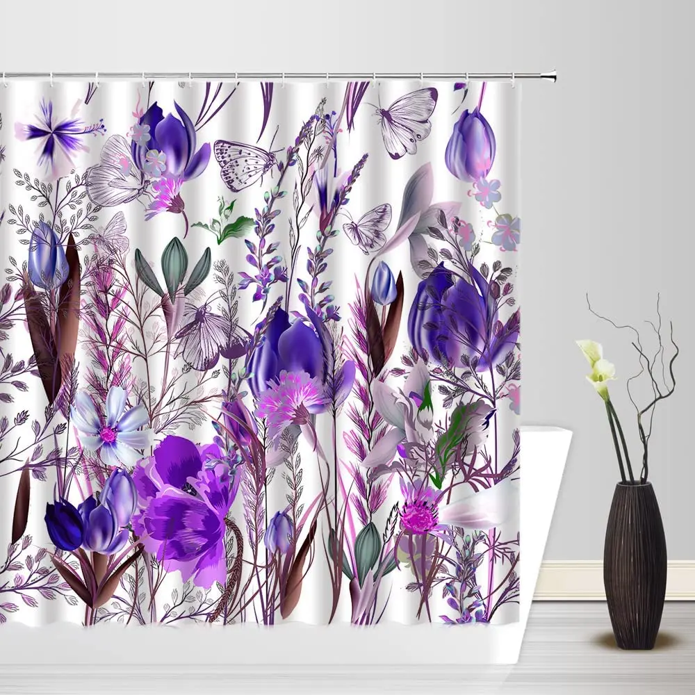 

Wild Plant Floral Herbs Shower Curtain Vintage Flower Butterfly Colorful Nature Sceneic Waterproof Bath Curtains Bathroom Screen
