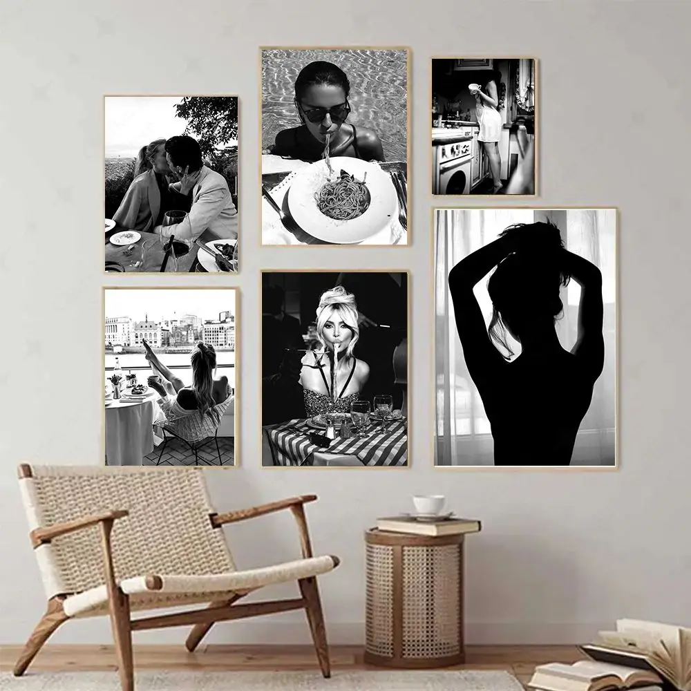 

Black and White Fashion Wall Art Woman Eating Spaghetti Vintage Kitchen Print Pasta Poster Teen Girl Room Decor Canvas Painting