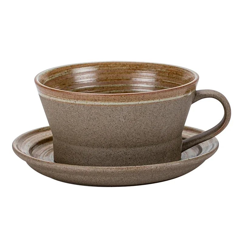 Japanese Style Stoneware Coffee Cup and Saucer Set Handmade Retro Mark Cup 350ml Large Capacity Household Milk Breakfast
