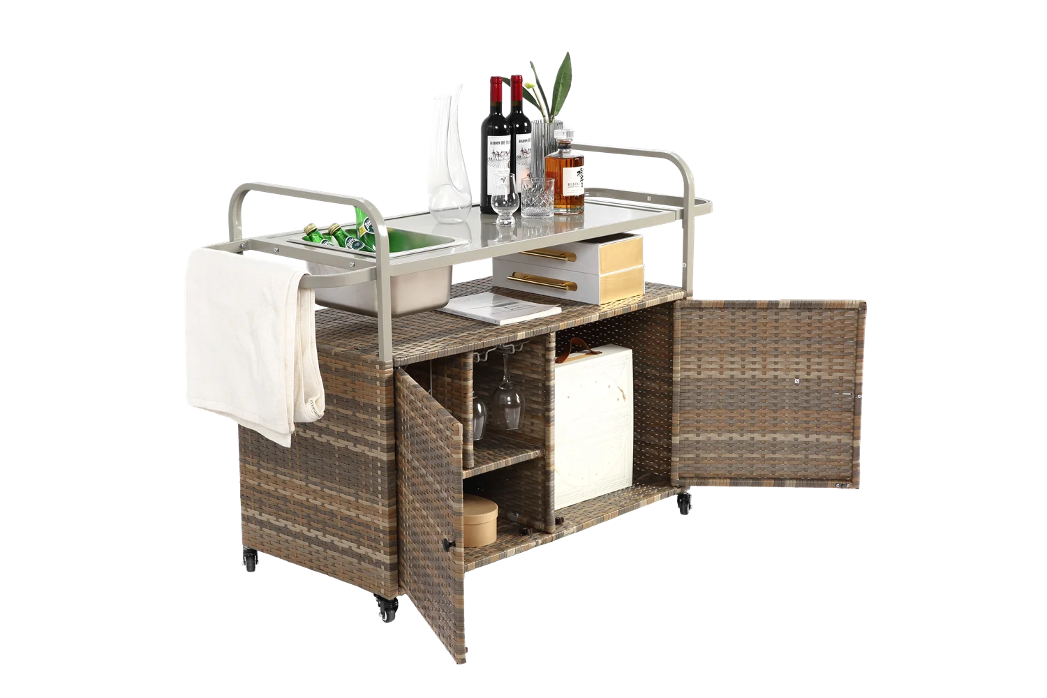 Outdoor Bar Table, Wicker Bar Cart with Cabinet, Patio Serving Cart with steel Top, icebucket, Side Basket, Lockable Wheels
