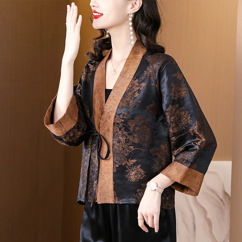 Autumn New Mulberry Silk Fragrant Cloud Yarn Black Big Peony Heavy Forging Double Weaving Craft Jiangnan Bank Lace Up