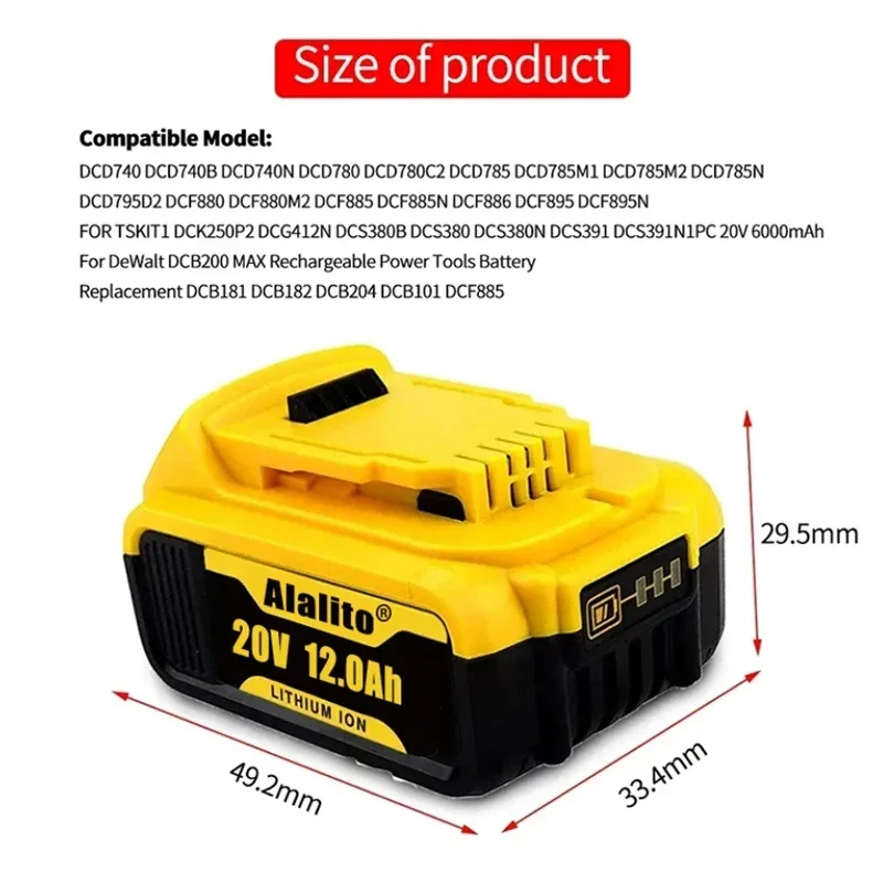 2024 20V 12.0Ah Battery Power Tool Replacement for DeWalt DCB205 DCB 206 DCB181 DCB182 DCB200 20V 12A 18Volt 20v Battery 4