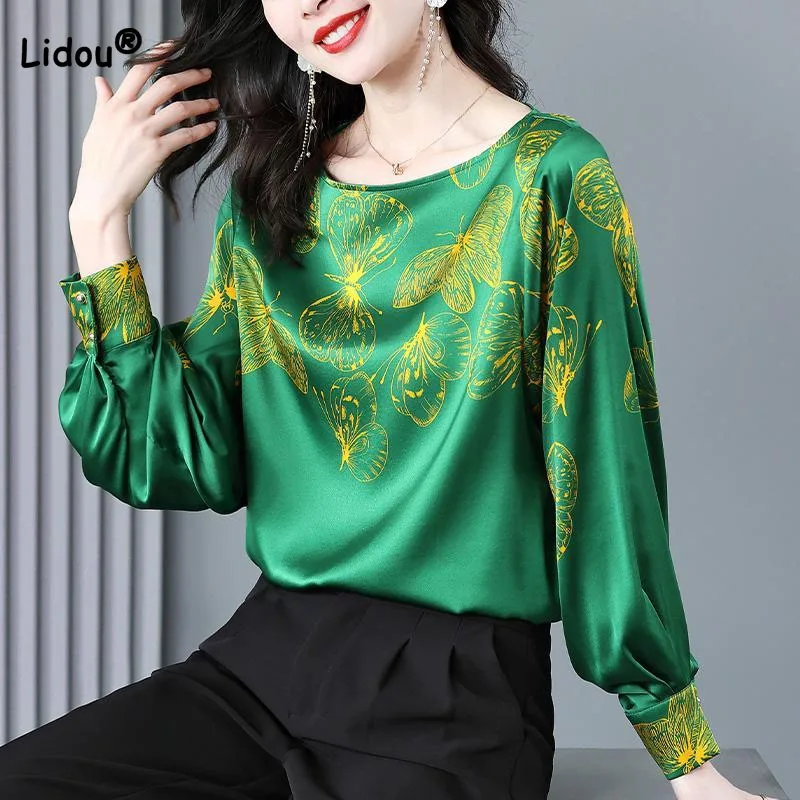 

Elegant Vintage Butterfly Printed Round Neck Tops Ladies New Fashion Long Sleeve Loose T-shirt Spring Autumn Women's Clothing