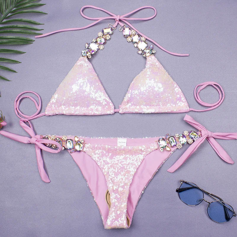 Rhinestone Bikini Swimsuit - Sexy Push-Up Swimwear for Women