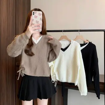 Knitted Sweater Women's 2025 New Autumn Winter Fashion Versatile Slimming V-neck Long Sleeved Fake Two-piece Drawstring Sweater