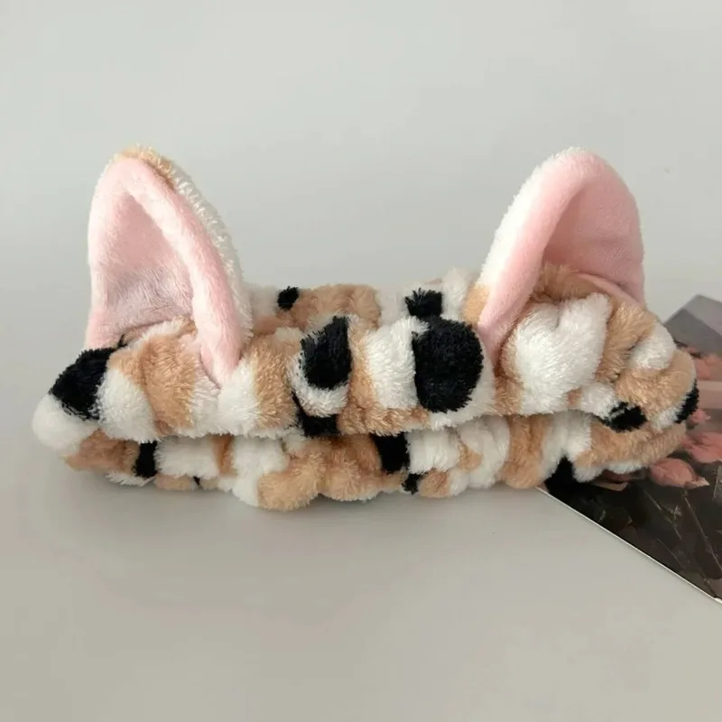 3-piece Cute Cat Ear Leopard Print Plush Headband Suitable for Girls' Spa, Face Washing, and Makeup Headband Elastic Wristband