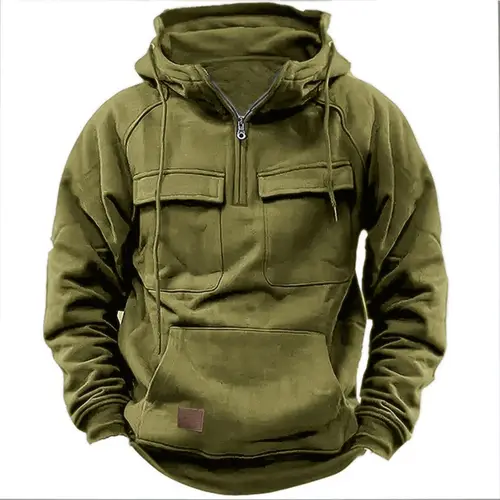 New Autumn-Winter Men's Hooded Solid-Color Casual Hoodie - Fashionable Young Man's Multi-Pocket Patch Hoodie Pullover Shirt - Image 8