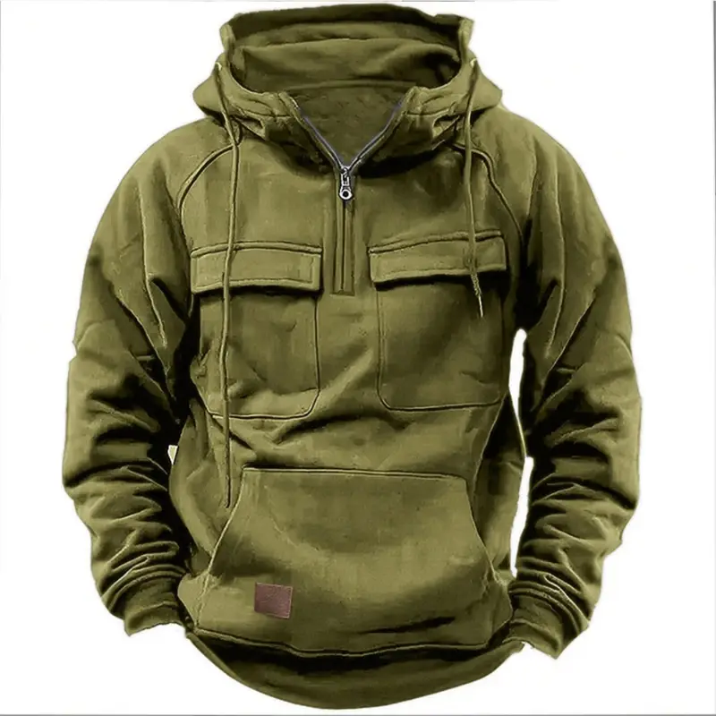 New Autumn-Winter Men's Hooded Solid-Color Casual Hoodie - Fashionable Young Man's Multi-Pocket Patch Hoodie Pullover Shirt - Image 8