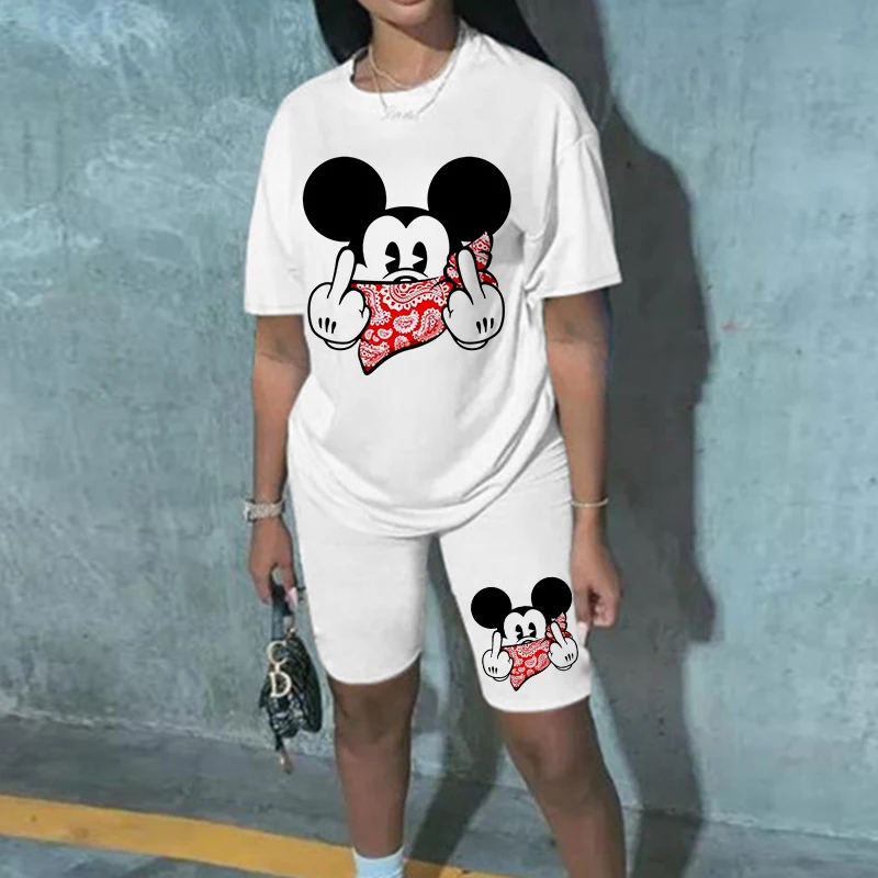 Tanie Disney Casual kobiety dwuczęściowy garnitur Kawaii Mickey Mouse letnia koszulka sklep