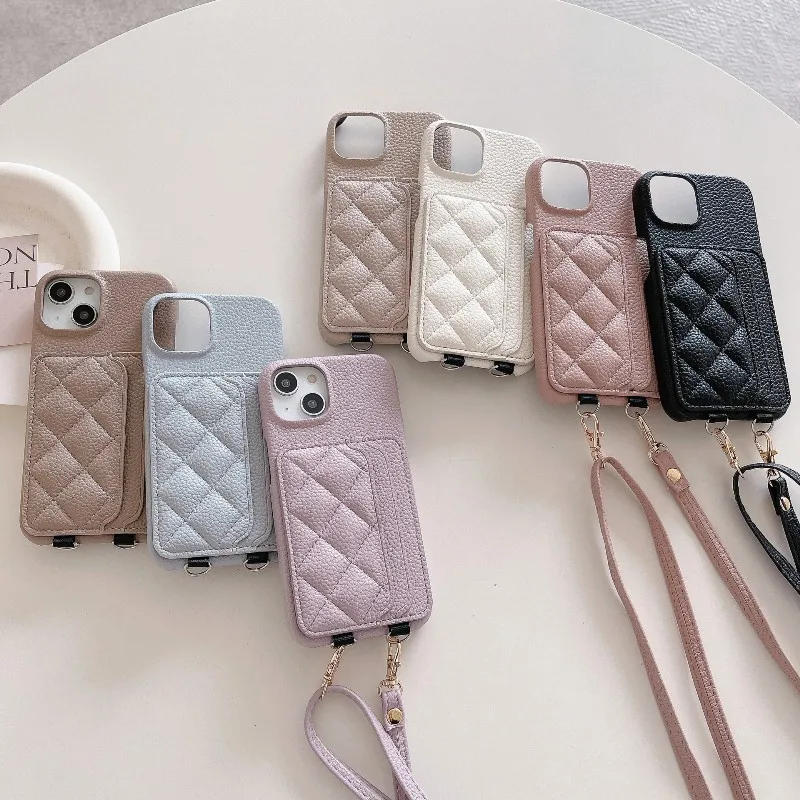 

Removable Shoulder Strap Leather Phone Case For iPhone 15 14 Plus 13 12 11 Pro Max The Back Insert Card Phone Cover