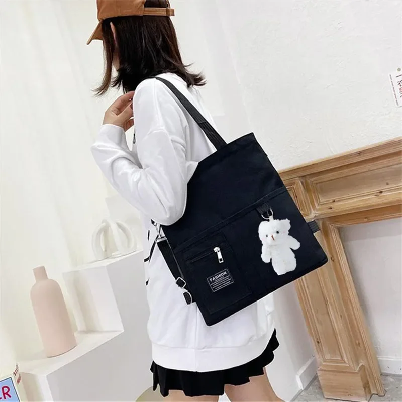 Stylish Chic Canvas Tote with Bear Pendant - Trendy Bucket Crossbody & Shoulder Bag