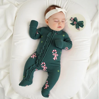 0-18M neonato neonata vestiti di Natale vestito carino bastoncino di zucchero/pan di zenzero stampa manica lunga O collo tuta con cerniera + fascia per capelli
