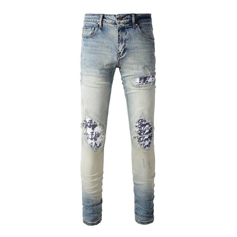 

Men's High Street Distressed White Print Ribs Patchwork Holes Stretch Slim Pleated Patches Old School Washed Ripped Blue Jeans