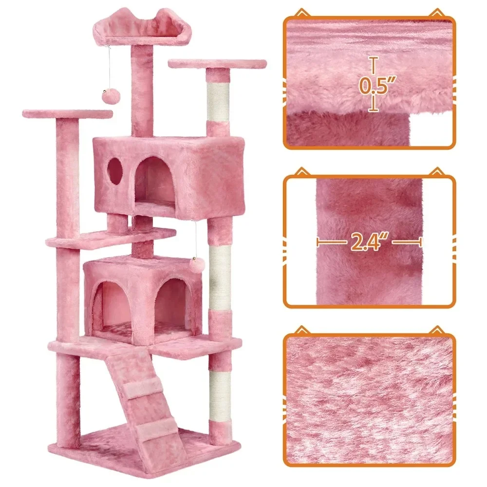 62.5'' H Multilevel Cat Tree w/ 2 Condos & 2 Fur Balls & 3 Scratching Posts, Pink 3