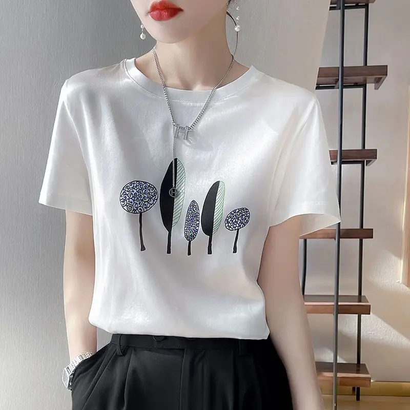 

Casual Round Necked Women T-shirts Fashion Abstract Character Printing Summer Ladies Tops Silk-like Femme Short Sleeve Clothing