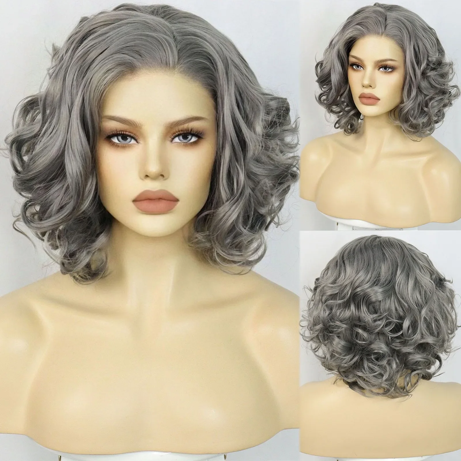 

Short Women Spiral Gray Jerry Curly Wig for Halloween Christmas School Thanksgiving Day