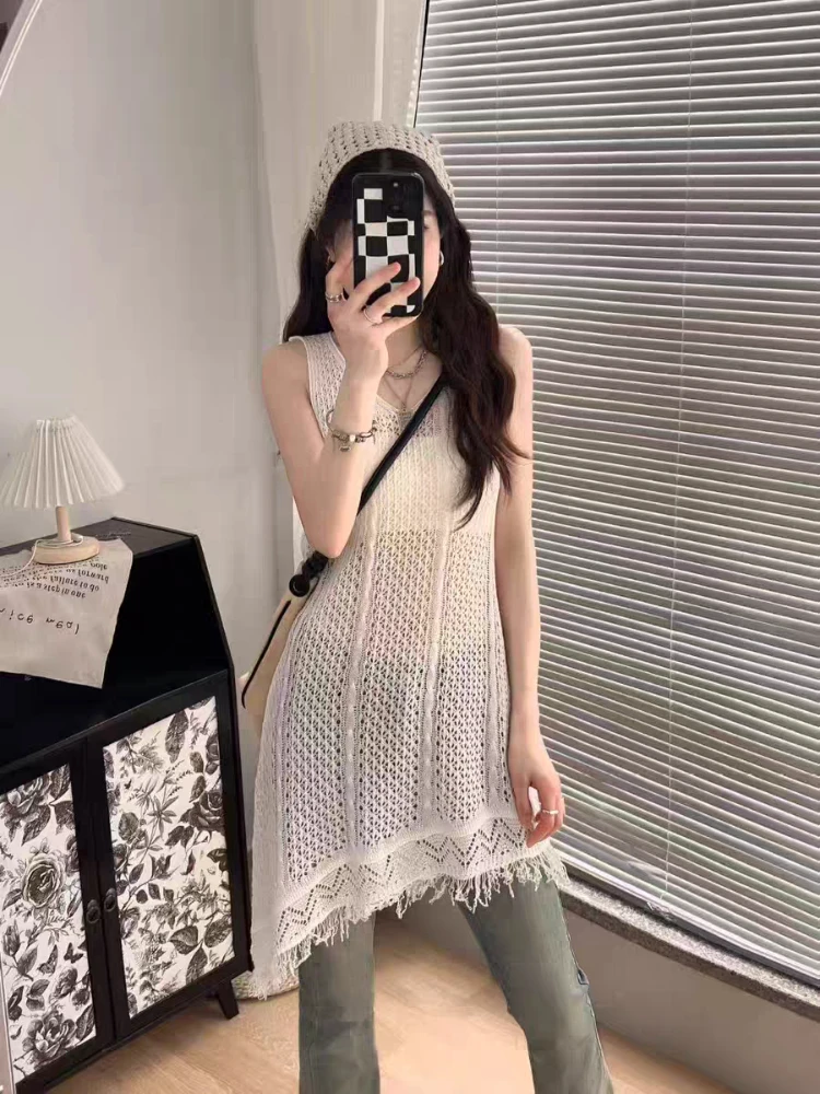 Fall New Fashion Fringed Hollow V-neck Knitted Vest Blouse Women's Loose Hollow Medium and Long Sleeveless Top