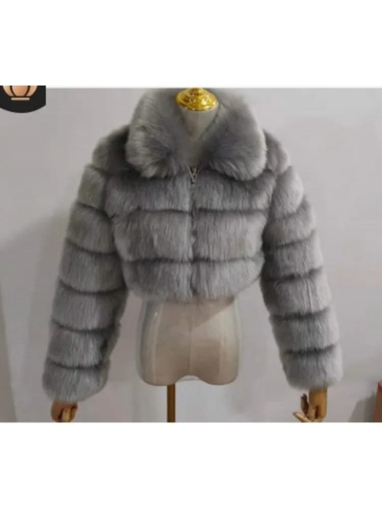 Fashion Short Faux Fur Coat Female 2023 Winter New Polo Collar Imitation Fox Fur Long Sleeve Stitching Jackets for Women