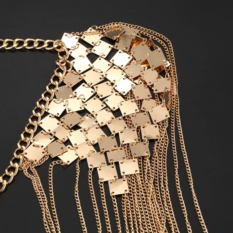 Vintage Punk Harness Bikini Body Link Epaulet Shoulder Chain Necklace Collar Dangling Tassel gold