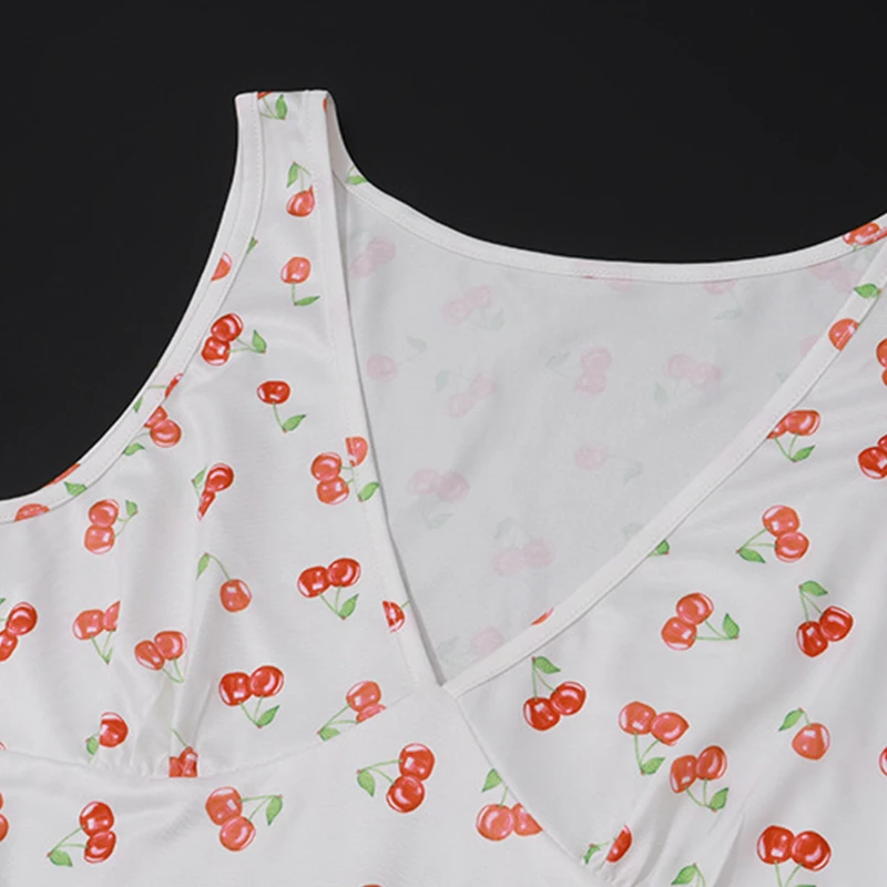 Summer Mini Dress Women Aesthetic Clothes Cherry Print V Neck Sleeveless A Line Short Dress y2k Club Party Dresses