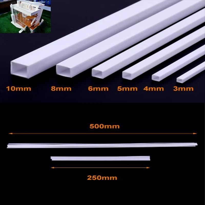 ABS Plastic Square Tube 10Pcs Hollow Square Bar Rods Styrene Rod for DIY Sand Table Architectural Model Making