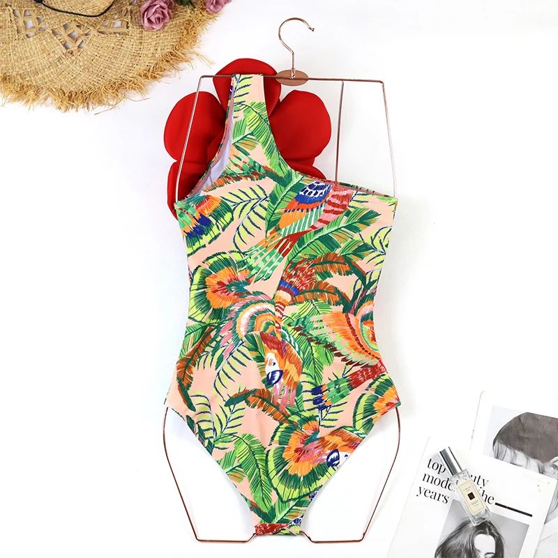 ZAFUAZ 2024 New Sexy 3D Flower Off Should Bikini Solid Red Swimwear Skirt Women Luxury One Piece Swimsuit Beach Bathing Suit