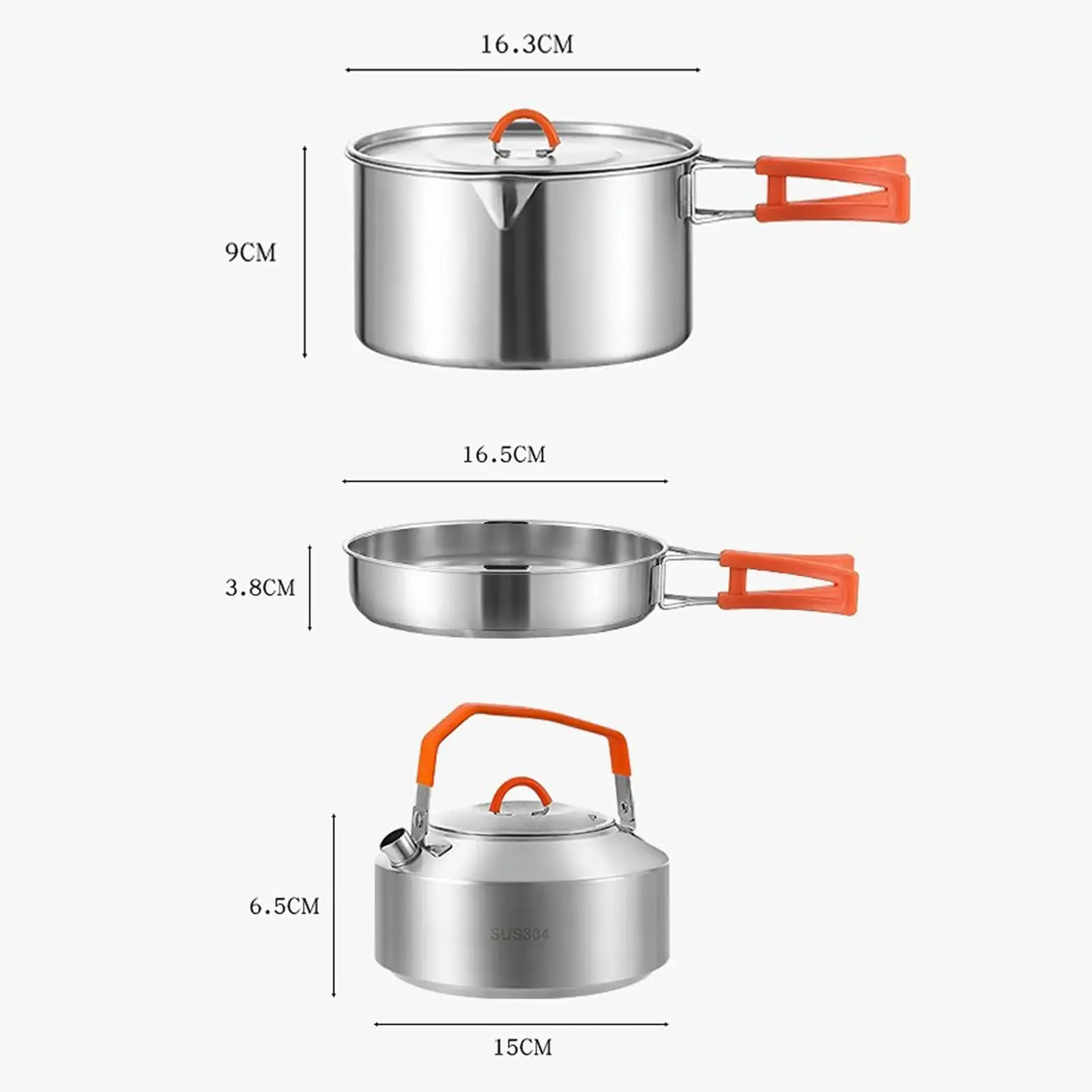 Camping Cookware Stainless Steel with Folding Handles Portable 3Pcs/Set Camping