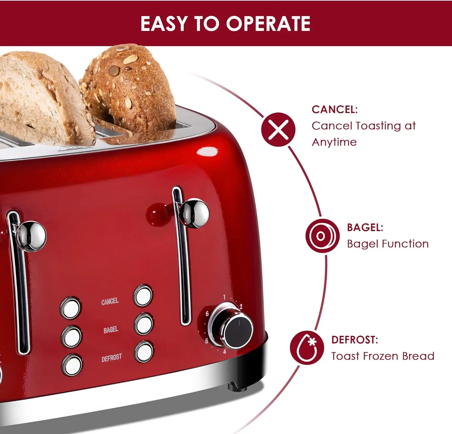 4 Slice Toaster Retro Stainless Steel Toasters with Bagel Defrost Cancel Function 6 Browning Settings Extre Wide Slot Red 4