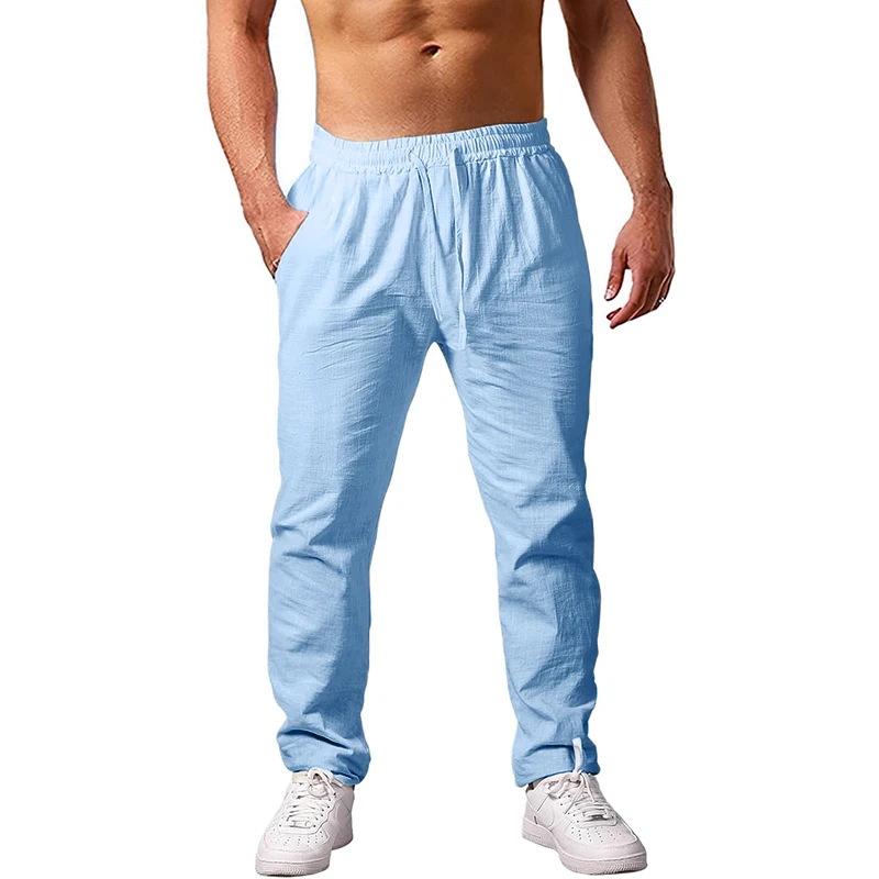 New Men's Lightweight Long Pants Summer Loose Fit Trousers for Holidays Breathable Linen Streetwear Men Fitness Sweatpants 3