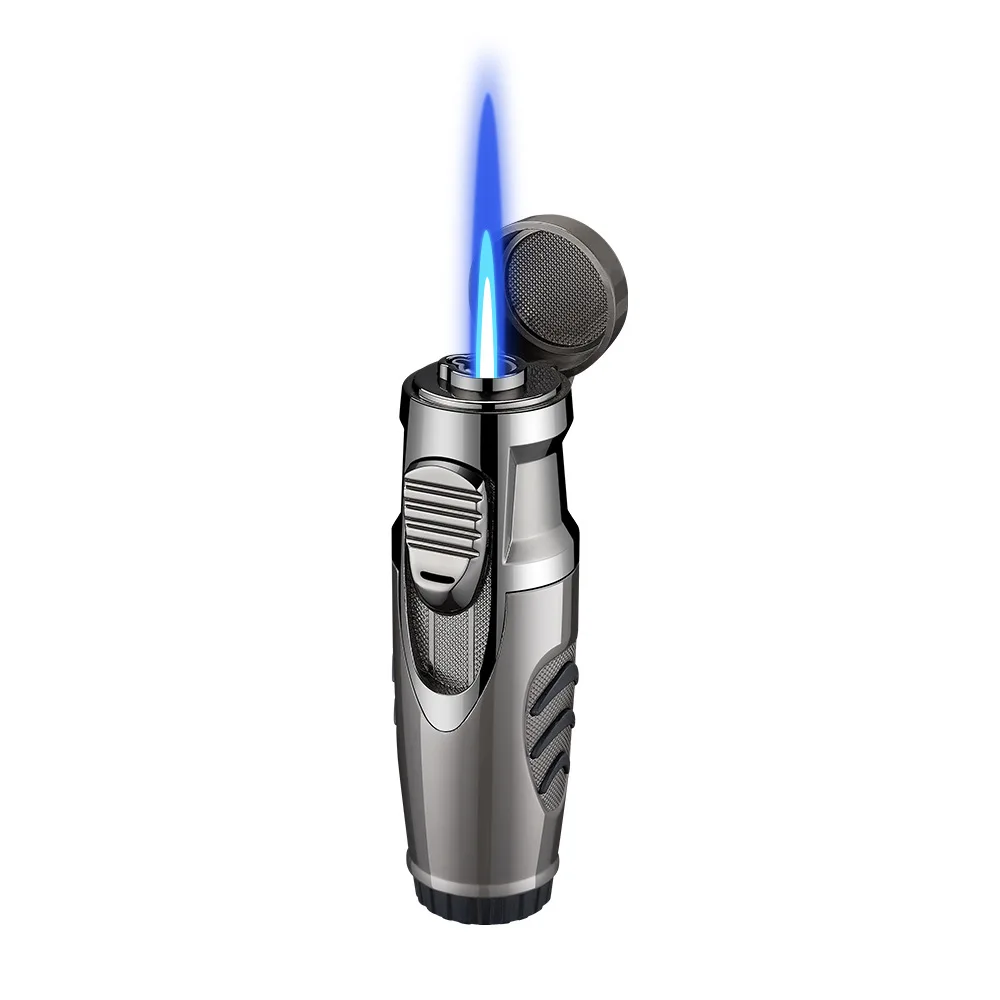 Single/Double Straight Blue Flame Cigar Lighter, Metal Windproof Butane Lighter, Outdoor BBQ Kitchen Cooking Inflatable Lighter
